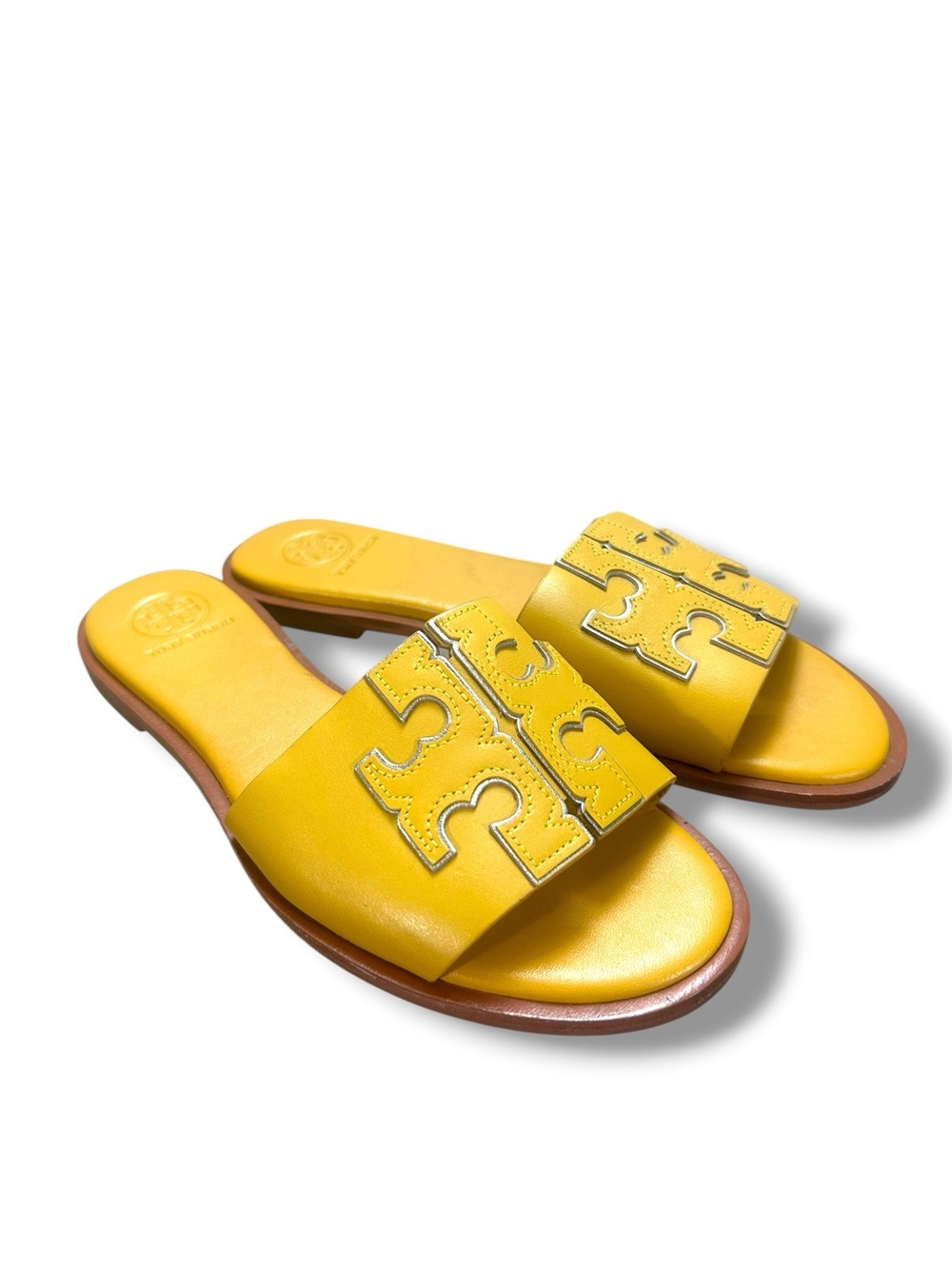 Like New Tory Burch Ines Bright Yellow Leather Logo Slide Sandals Size 6